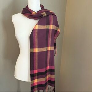 100% Cashmere Scottish Tartan Plaid Scarf Fringe Knit Purple Pink Orange